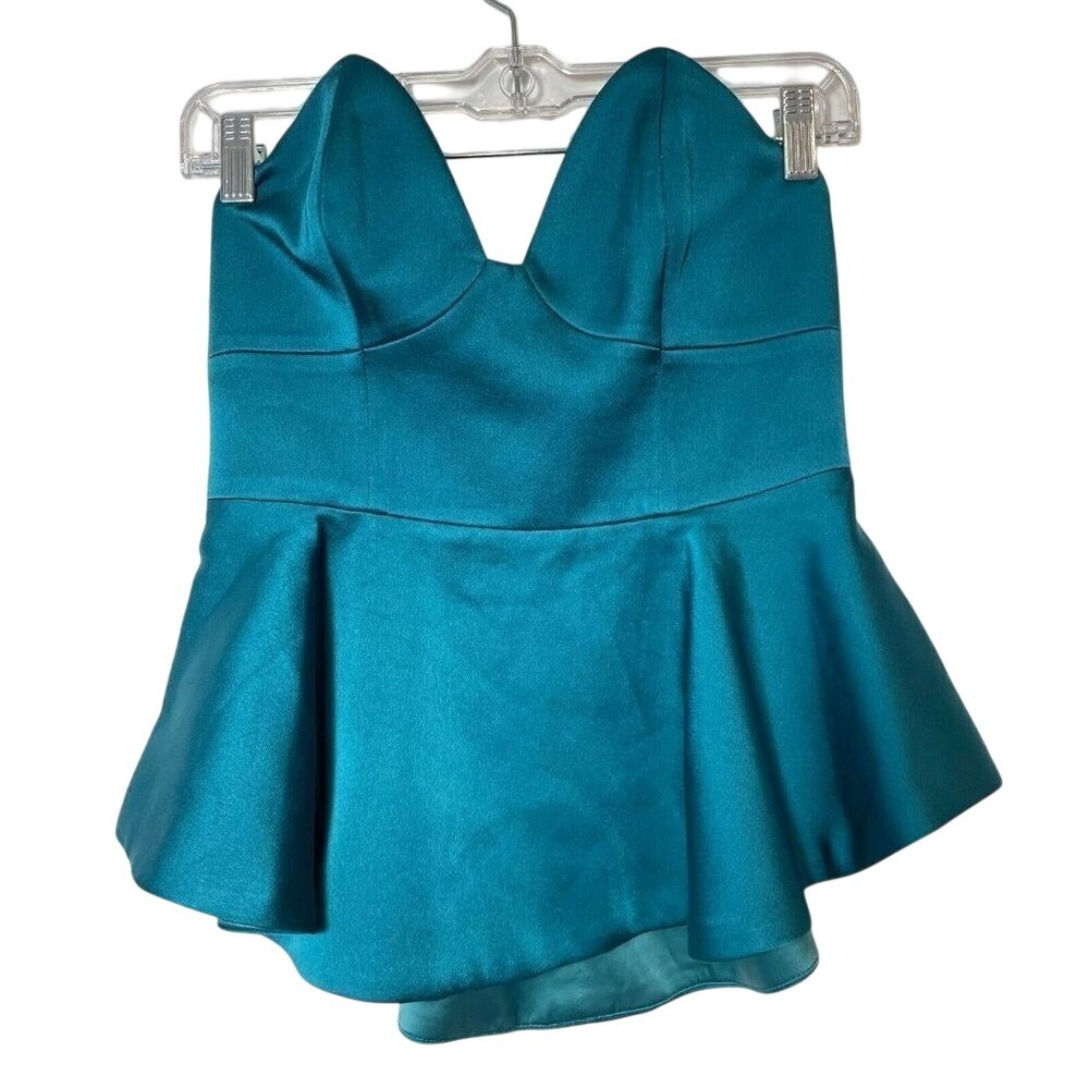 Keepsake the Label Stolen Hearts‎ Satin Strapless Peplum Top M Teal Womens Party